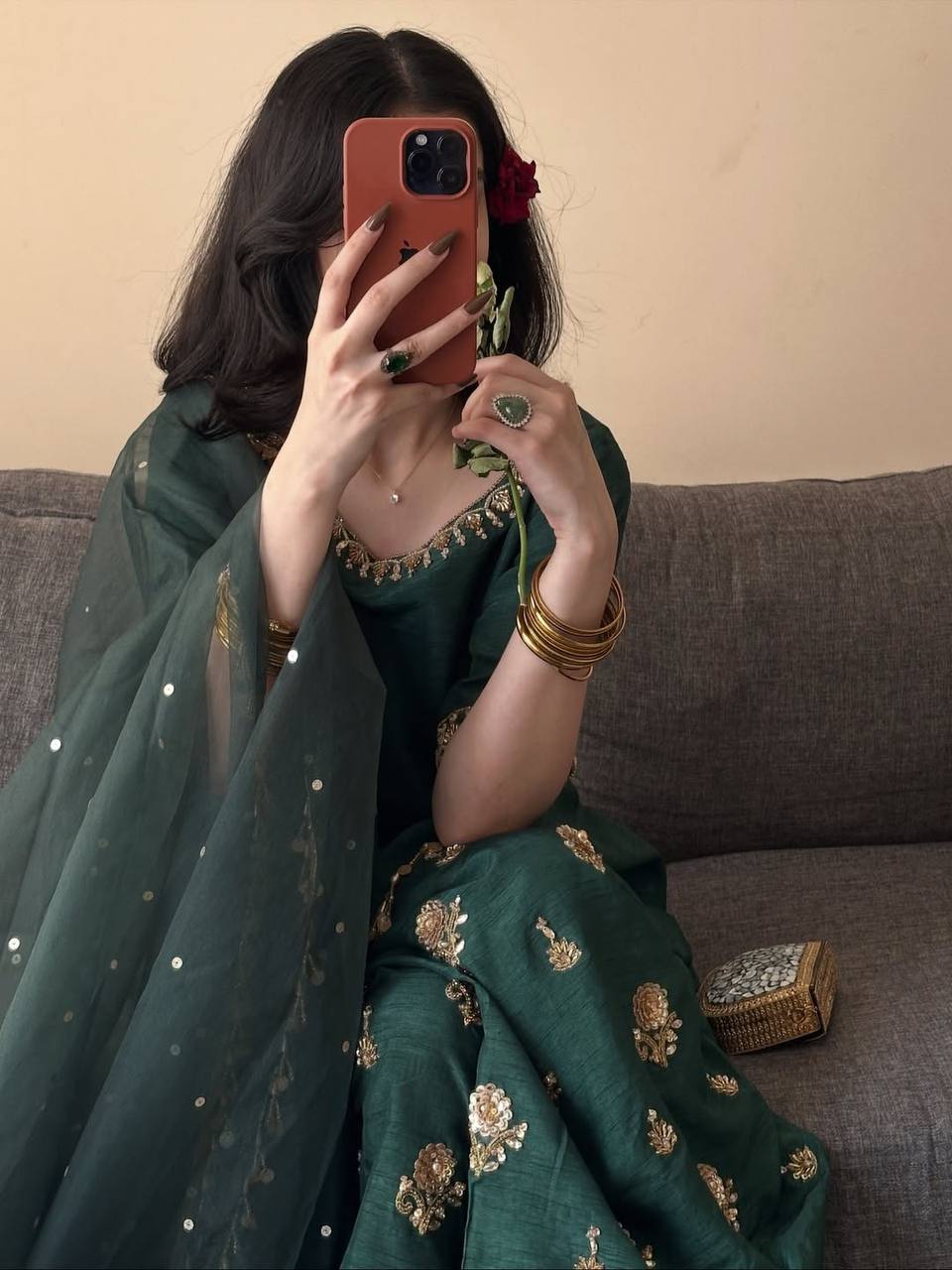 Majestic Emerald Green Kurta and Salwar Suit Set Featuring Intricate Gold Embroidery, Floral Motifs, and Ornate Coin Tassel Embellishments